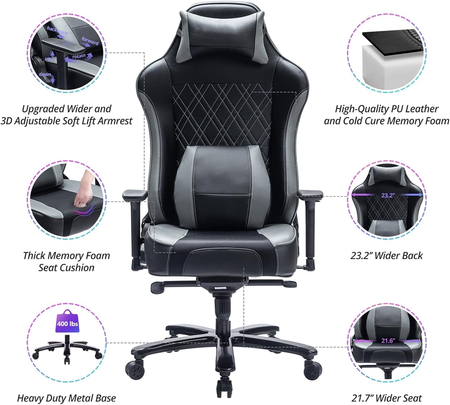 400Lb Gaming Chair Big and Tall Gaming Chair Breathable Computer Chair, 3-D Adjustable Armrest Air-Cooling System Heavy Duty Metal Base