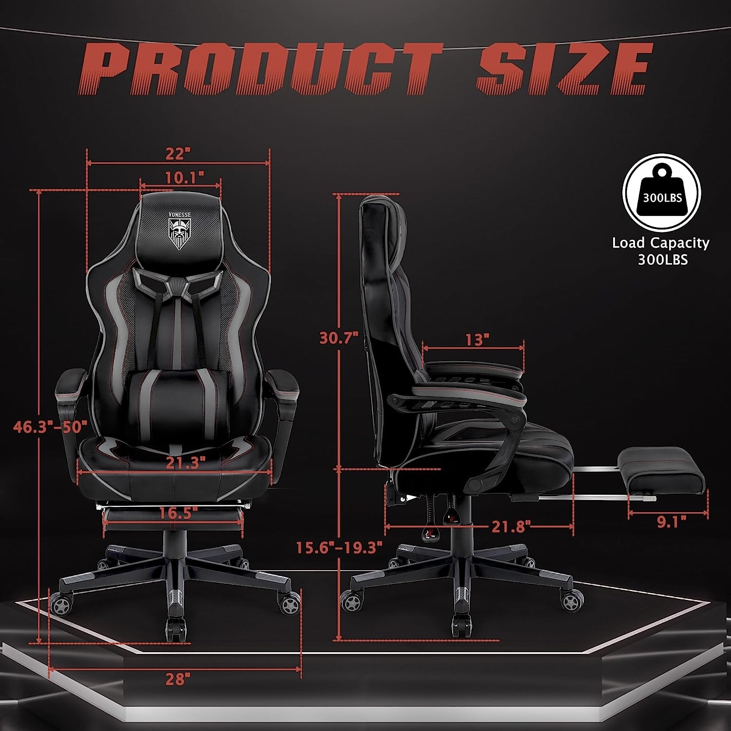 Gaming Chair with Footrest, Reclining Computer Gaming Chair with Massage, Gamer Chair Big and Tall, Ergonomic Gaming Chair, Racing Chair with Lumbar Pillow(Gray)