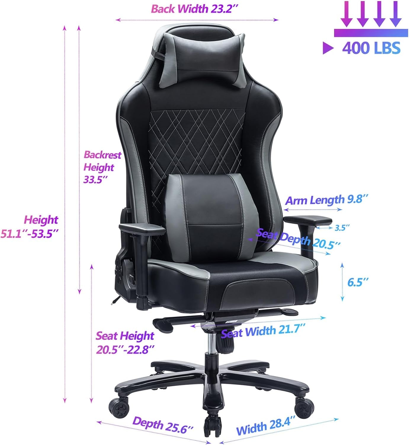 400Lb Gaming Chair Big and Tall Gaming Chair Breathable Computer Chair, 3-D Adjustable Armrest Air-Cooling System Heavy Duty Metal Base
