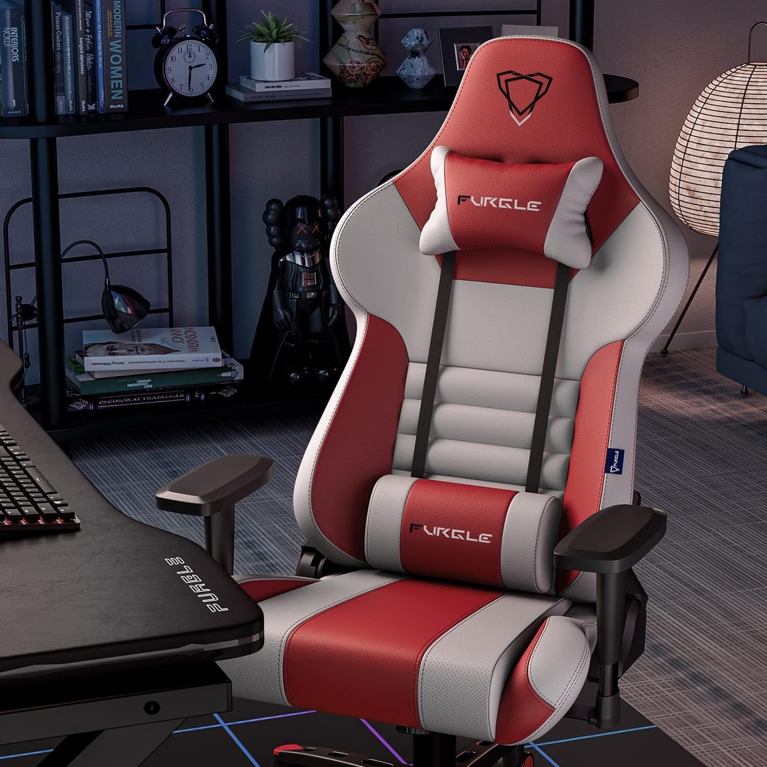 Gaming Chair Computer Chair - Racing Style High-Back Office Chair - PU Leather Ergonomic Video Game Chairs - Adjustable Armrests - Headrest and Lumbar Support - Rocking Mode -White/Red