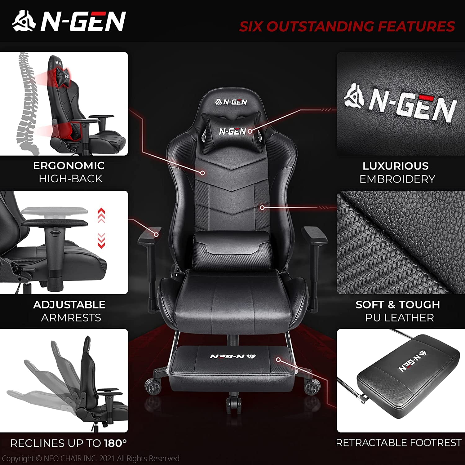 N-GEN Gaming Chair Computer Ergonomic Office Adjustable Lumbar Support Racing Style High Back Desk Swivel Executive Video Game PC Leather Height Reclining with Footrest (2. Black)