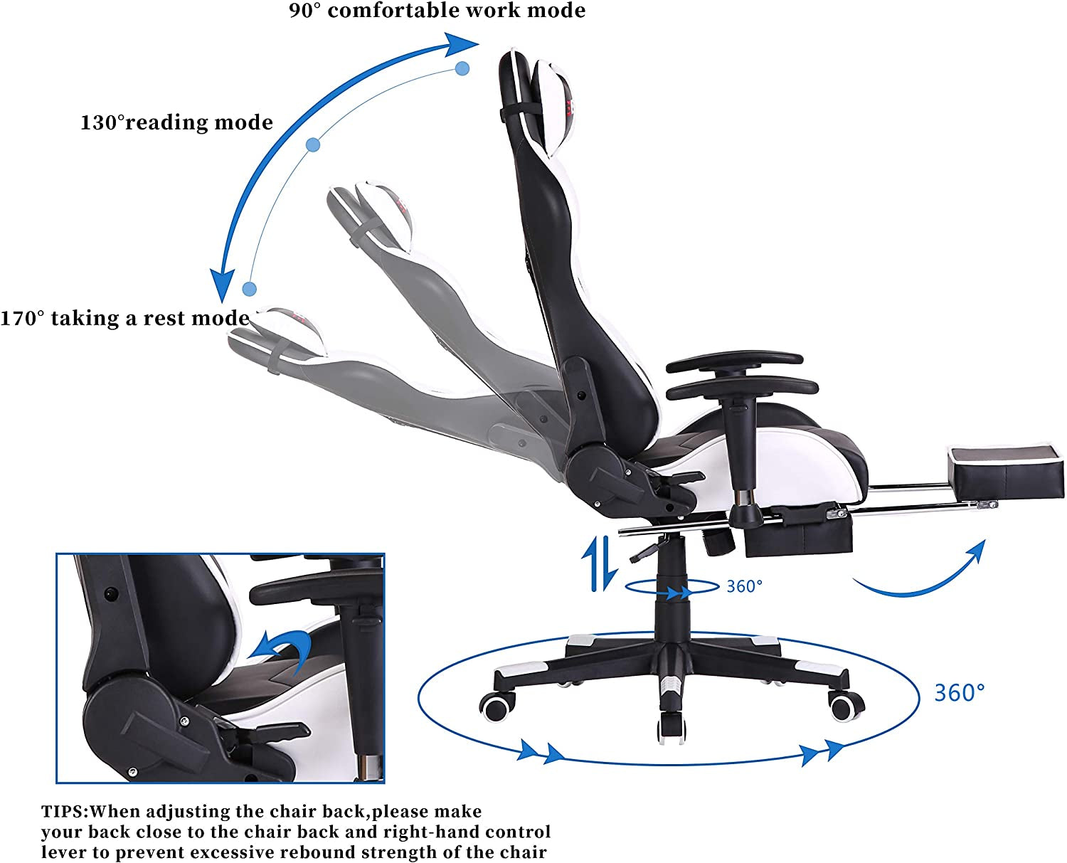 Gaming Chair, Computer Chair,Gaming Chair for Adults, Gamer Chair,Gaming Chair with Footrest,High Back Office Chair, Desk Chair with Headrest and Massage Lumbar Support,White