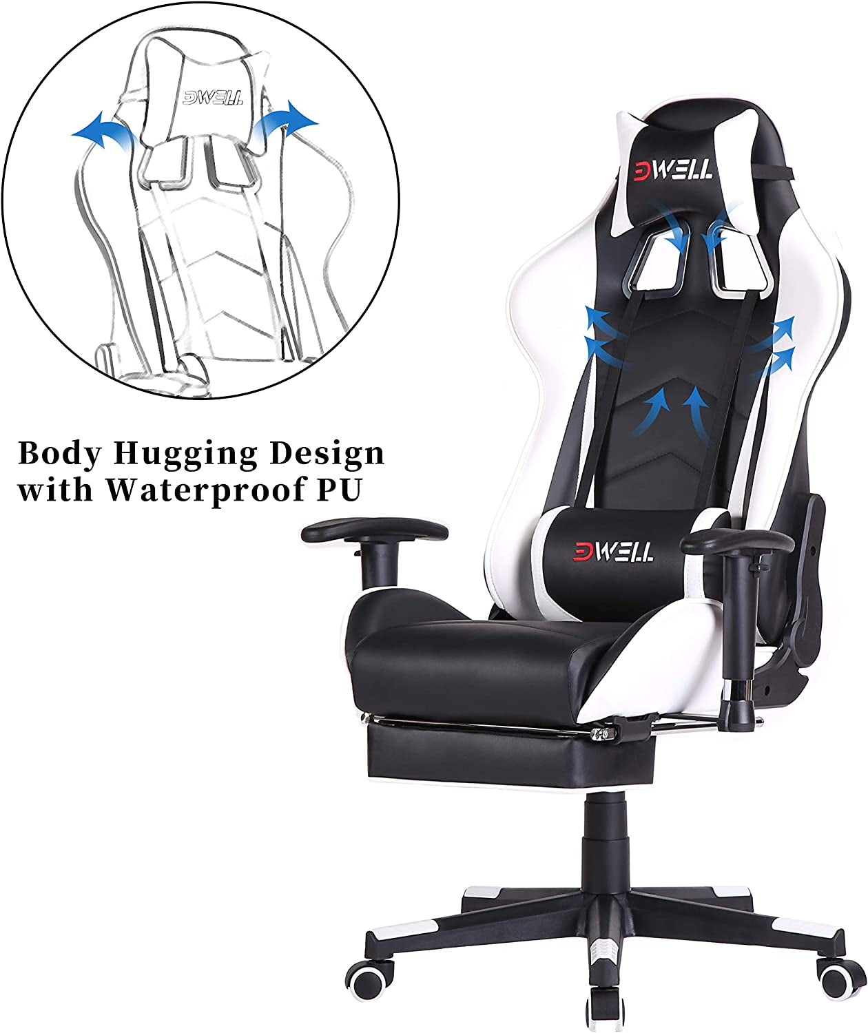 Gaming Chair, Computer Chair,Gaming Chair for Adults, Gamer Chair,Gaming Chair with Footrest,High Back Office Chair, Desk Chair with Headrest and Massage Lumbar Support,White