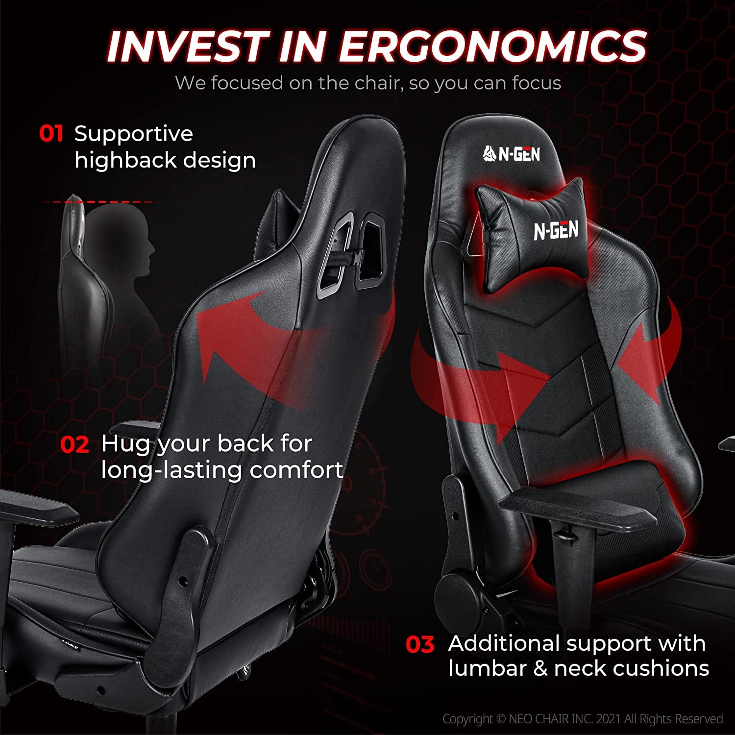 N-GEN Gaming Chair Computer Ergonomic Office Adjustable Lumbar Support Racing Style High Back Desk Swivel Executive Video Game PC Leather Height Reclining with Footrest (2. Black)