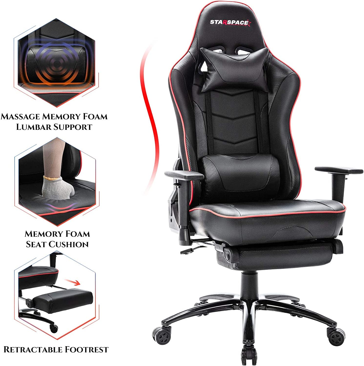 Gaming Chair Office Chair 300Lbs Massage Computer Chair Reclining Racing Chair with Headrest and Lumbar Support for Adults Teens Desk Chair (Black)